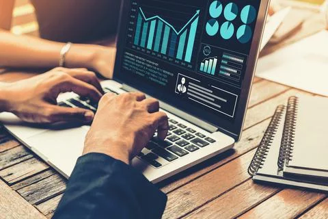Business visual data analyzing technology by creative computer software Stock Photos