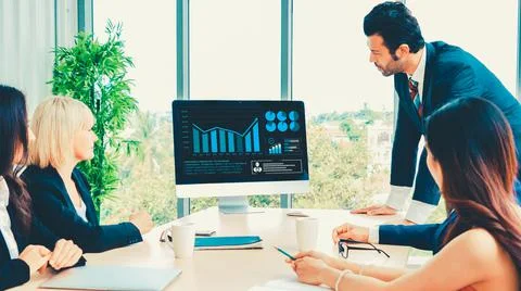 Business visual data analyzing technology by creative computer software Stock Photos