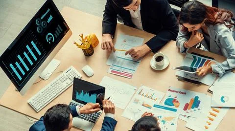 Business visual data analyzing technology by creative computer software Stock Photos