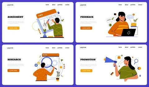 Business web page template. Creative employee agreement document, feedback Illustrazione stock