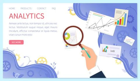 Business website with analytics of graph report. Finance research with loupe and Illustrazione stock