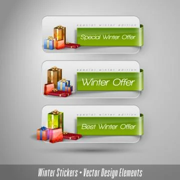Business winter stickers with gifts. Vector design elements. Illustrazione stock