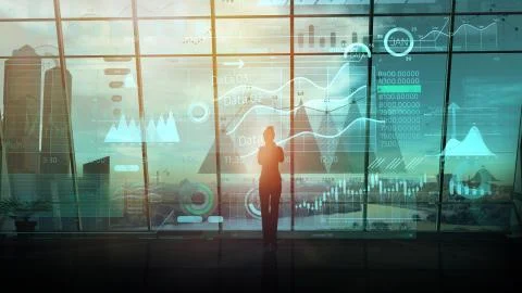 Business woman analyzes a virtual array of infographic data. イラスト素材