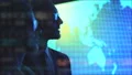 The business woman and a man discussing near the display 4k or 4k+ Resolution