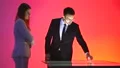 The business woman and a man working with a virtual display 4k or 4k+ Resolution