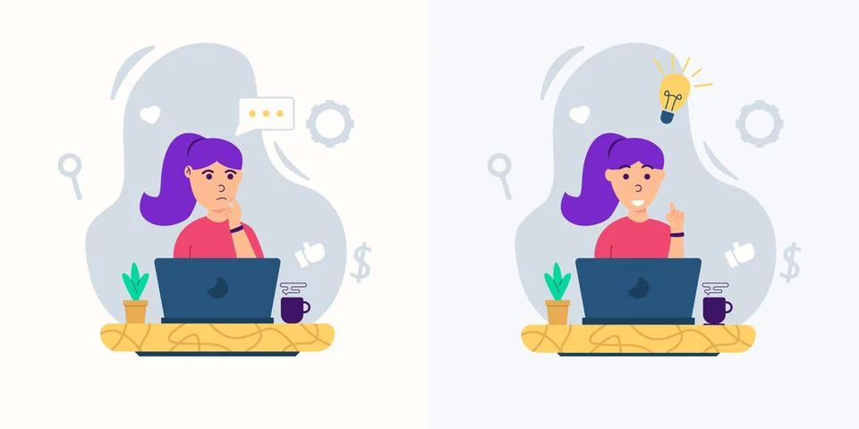 Business woman are thinking and finding ideas in flat style design Stock Illustration