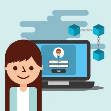 Business woman avatar laptop wallet virtual blockchain Stock Illustration