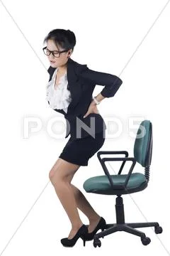 Business woman with backache after long work on chair. isolated on white back Stock Photos