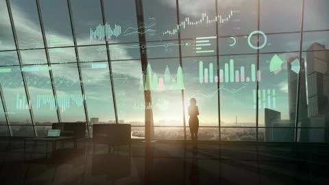 A business woman is browsing an array of data in virtual reality. Illustrazione stock