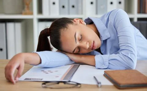 Business woman, burnout and tired while sleeping on desk, fatigue and fail with Stock Photos