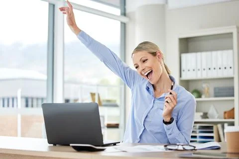 Business Woman celebrating her success. Support assistant cheering. Excited Stock Photos