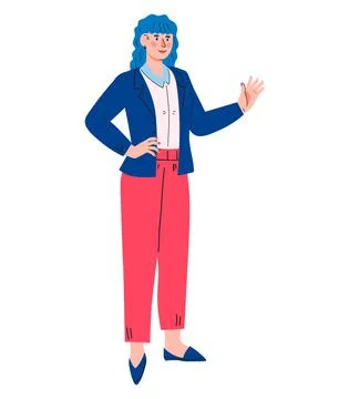Business woman character standing waving hand, flat cartoon vector isolated. Stock Illustration