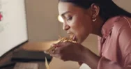 Business Woman, Computer And Noodles Fast Food In Night Office, Creative Startup Stock Footage