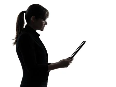 Business woman computer computing  digital tablet silhouette Stock Photos