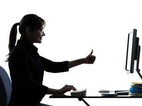 Business woman computer computing  thumb up satisfied silhouette Stock Photos