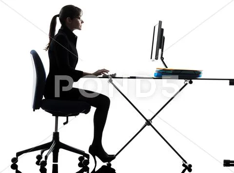 Business woman computer computing typing silhouette Stock-Fotos