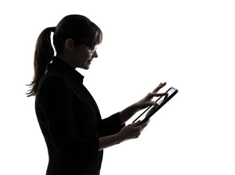 Business woman computer computing  typing digital tablet silhouette Stock Photos