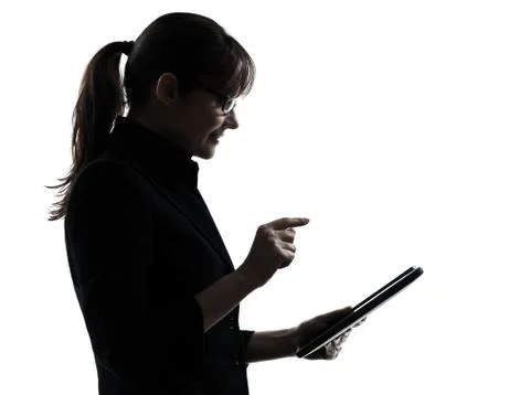 Business woman computer computing  typing digital tablet silhouette Stock Photos
