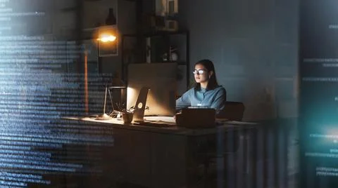 Business woman, computer or coding in night office for digital marketing web Foto stock