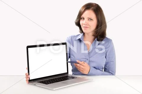 Business woman is demonstrating something on the laptop screen Stock Photos