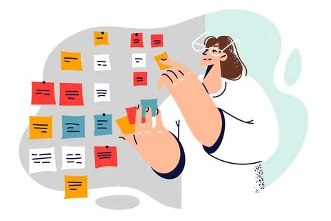 Business woman doing task setting with kanban and scrum system and sticking Illustrazione stock
