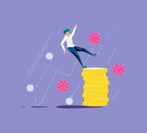Business woman falling down from a stack of coins. Bankruptcy and investment Stock Illustration