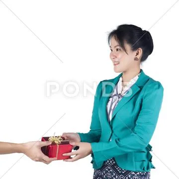 Business woman have a present isolated over white background Stock Photos
