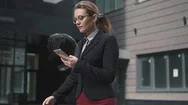 Business Woman Holding A Mobile Phone And Uses Holography And Augmented Reality Stock Footage