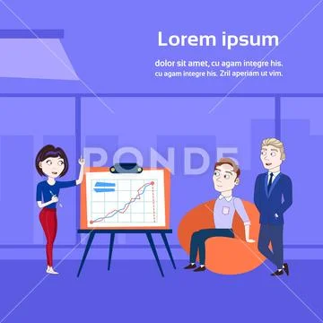 Business Woman Holding Presentation, Training Or Report To Team Standing Over Stock Illustration