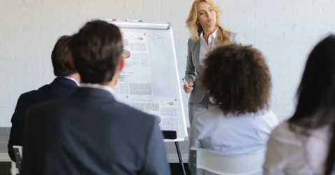 Business Woman Leading Presentation While Businesspeople Group Listening And Stock Footage