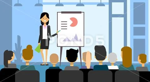 Business Woman Making Presentation, Training Or Conference Report To Group Of Stock Illustration