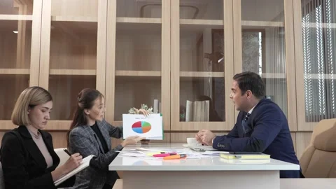 Business woman pointing graph discussion and analysis data charts and graphs Stock Footage 171966706