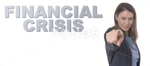 Business Woman pointing the text FINANCIAL CRISIS CONCEPT Business Concept. Stock Photos