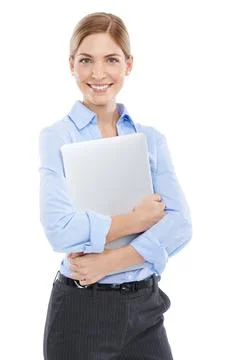 Business woman, portrait and computer of a working employee ready for a tech job Stock Photos