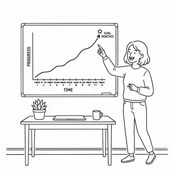 Business woman presenting progress chart with goal reached on whiteboard Si.. 스톡 일러스트