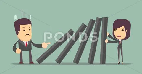 Business woman pushing hard against falling deck of domino tiles. Stock Illustration