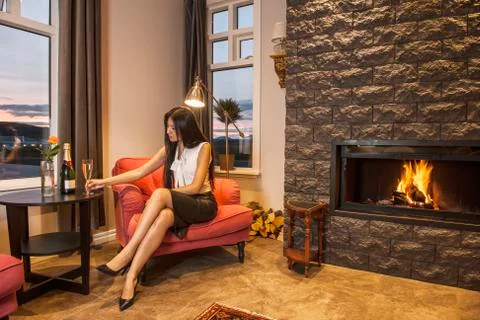 Business woman relaxing at hotel lounge in Iceland Stock Photos
