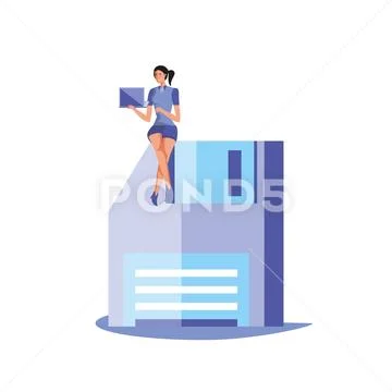 Business woman sitting in floppy disk with laptop Stock Illustration