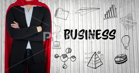 Business Woman Superhero Mid Section With Arms Folded Against White Wood Panel