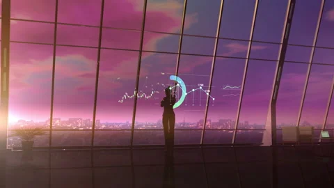 Business woman surrounded by virtual array of infographic data. Stock Footage 121144646