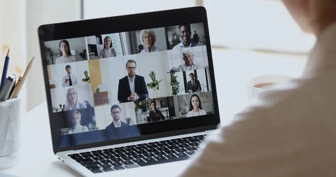 Business woman video conferencing boss and colleagues by online call Stock Footage