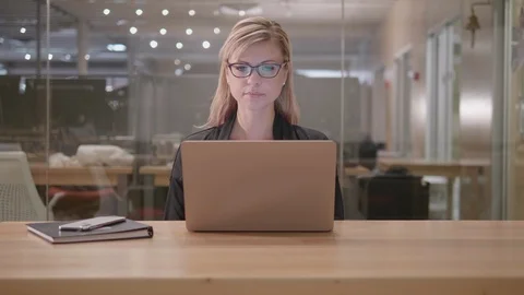 Business Woman Working on Laptop Computer Desk, Professional Young Tech Person Stock Footage