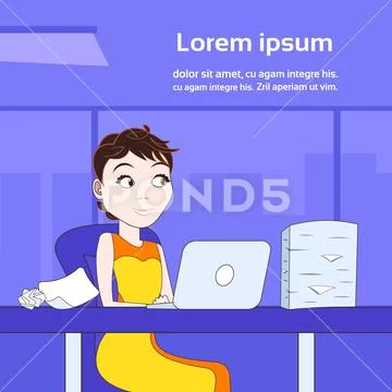 Business Woman Working On Laptop Computer Sit At Office Desk With Stack Of Paper Stock Illustration