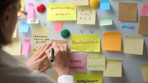 Business woman writes notes using post stickers on paper. Brainstorming, teamwor Stock Footage 121000656