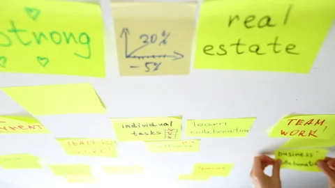 Business woman writes notes using post stickers on paper. Brainstorming Stock Footage 130652897