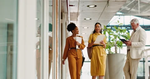 Business women, talking and walking in office to start work with communication Stock Footage 229963929
