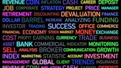 Business Words Moving on the Data Screen. Bright Colors Glowing. Business Stock Footage 87559428