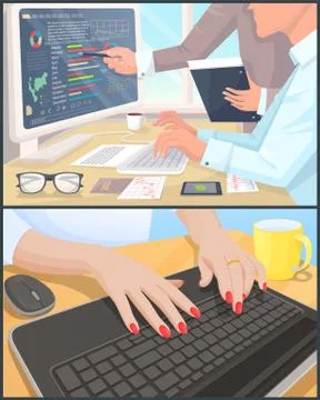 Business Work and Reports on Computer Posters Set Illustrazione stock