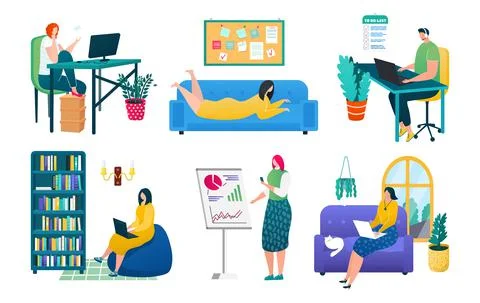 Business work at home set, vector illustration, man woman character use computer 스톡 일러스트