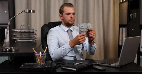 Business Worker Man Counting Usd Bills Dollars Money Banknotes in Office Indoor Stock Footage 87926174